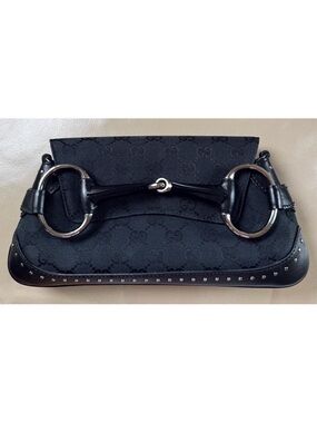 Authentic Gucci Tom Ford Horsebit Black Canvas Studs Leather Chain Clutch, COA